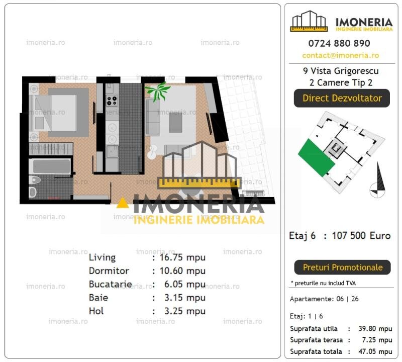 9 Vista Grigorescu, 0% comision, 2 camere, 300 m de Metrou, 750 m Parcul IOR.