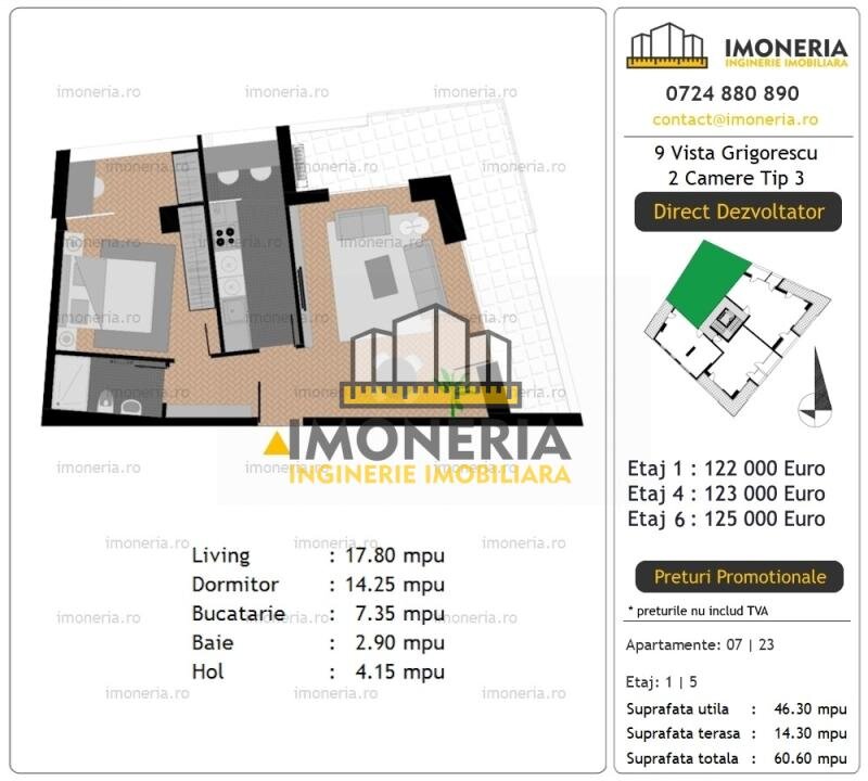 9 Vista Grigorescu, 0% comision, 2 camere, 300 m de Metrou, 750 m Parcul IOR.