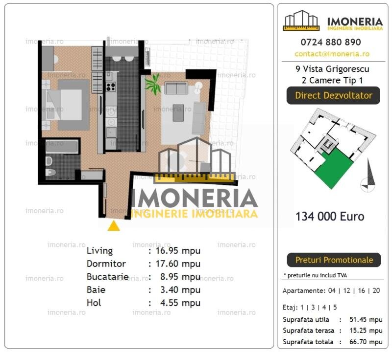9 Vista Grigorescu, 0% comision, 2 camere, 300 m de Metrou, 750 m Parcul IOR.